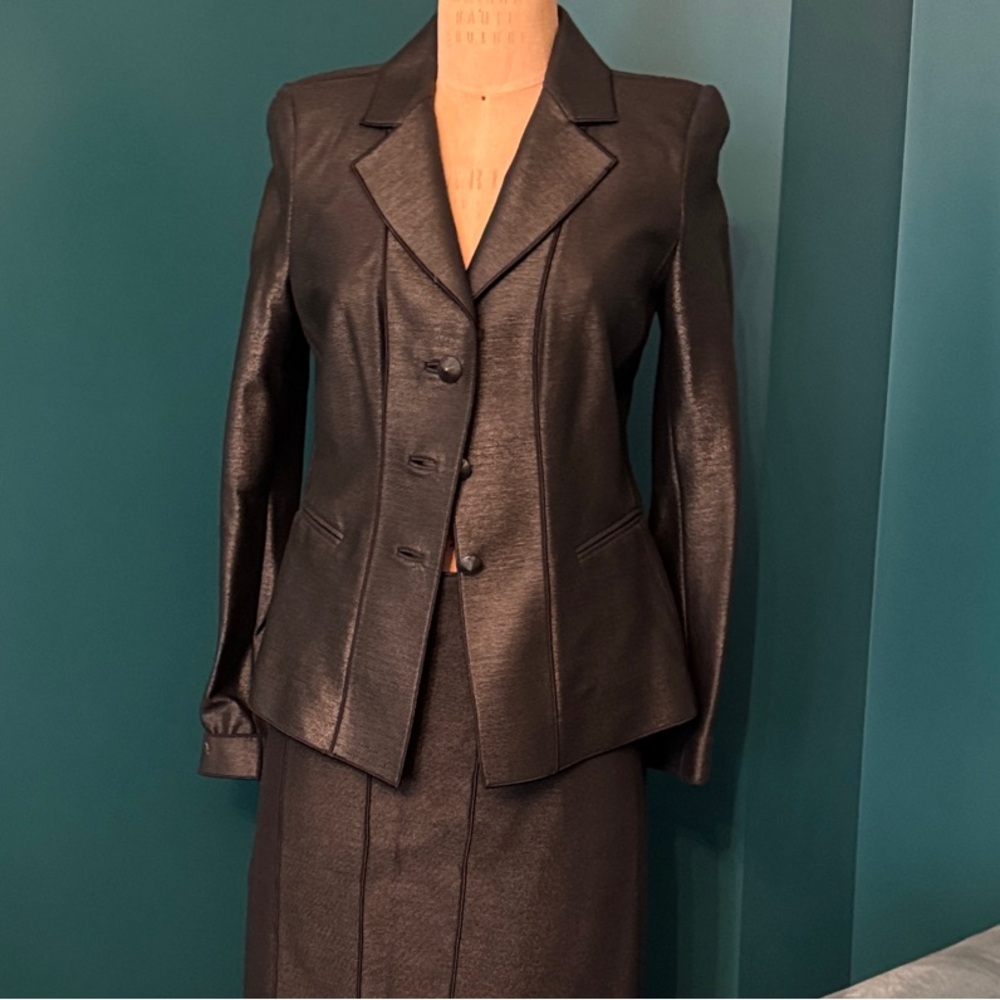 Giorgio Armani Black Waxed Piping Women's Blazer and Skirt Set